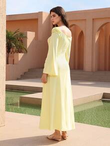 Graceveil Asymmetric One-Shoulder Lace Patchwork Waist Cinched Long Sleeve Midi Dress For Women - Pale Yellow - View 6