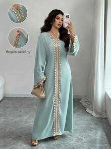 Rafferiza 优雅宽松V领长袖连衣裙，正面和肩袖饰有亮片花卉滚边，橄榄绿，秋冬款 - 灰綠 - 查看 3