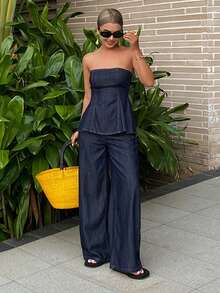 DAZY Women's Bustier Top With A-Line Hem And Loose Straight Leg Jeans Casual Suit - Dark Wash - View 5