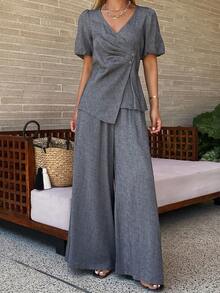 DAZY Women's V-Neck Short Sleeve Pleated Front Puff Sleeve Top And Loose Straight Elastic Waist Pants 2 Piece Casual Set - Grey - View 7