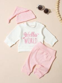 SHEIN HELLO Letter Embroidered Newborn Photography Outfit, Baby Boys/Girls Top, Pants, Hat 3pcs Set, Infant 1 Month 100 Days Studio Photo Shoot Clothing - Multicolor - View 8