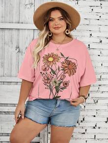 SHEIN CURVE+ 大码女式度假圆领短袖宽松T恤，杏色度假图案波西米亚风度假T恤 - 粉色 - 查看 7