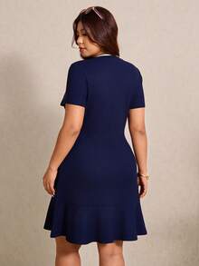 Elaquor 大码女式夏季休闲/办公通勤撞色包边短袖收腰连衣裙 - 藏蓝色 - 查看 2