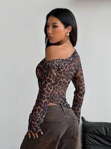 Coolane Women's Summer Vinatge Streetwear  Music Festival Concert Outfit Casual Leopard Graphics Stretchy Off Shoulder Asymmetrical Neck Tops - Brown - View 6