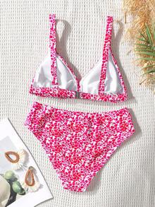 SHEIN Tween Girls' Pink Ditsy Floral Spaghetti Strap Bikini Swimsuit Set, Summer Beach Vacation - Pink - View 2