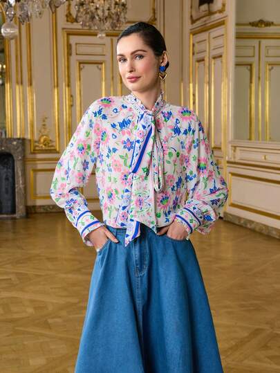 LOTSLUV 女士印度风情印花雪纺半透明长袖系带上衣