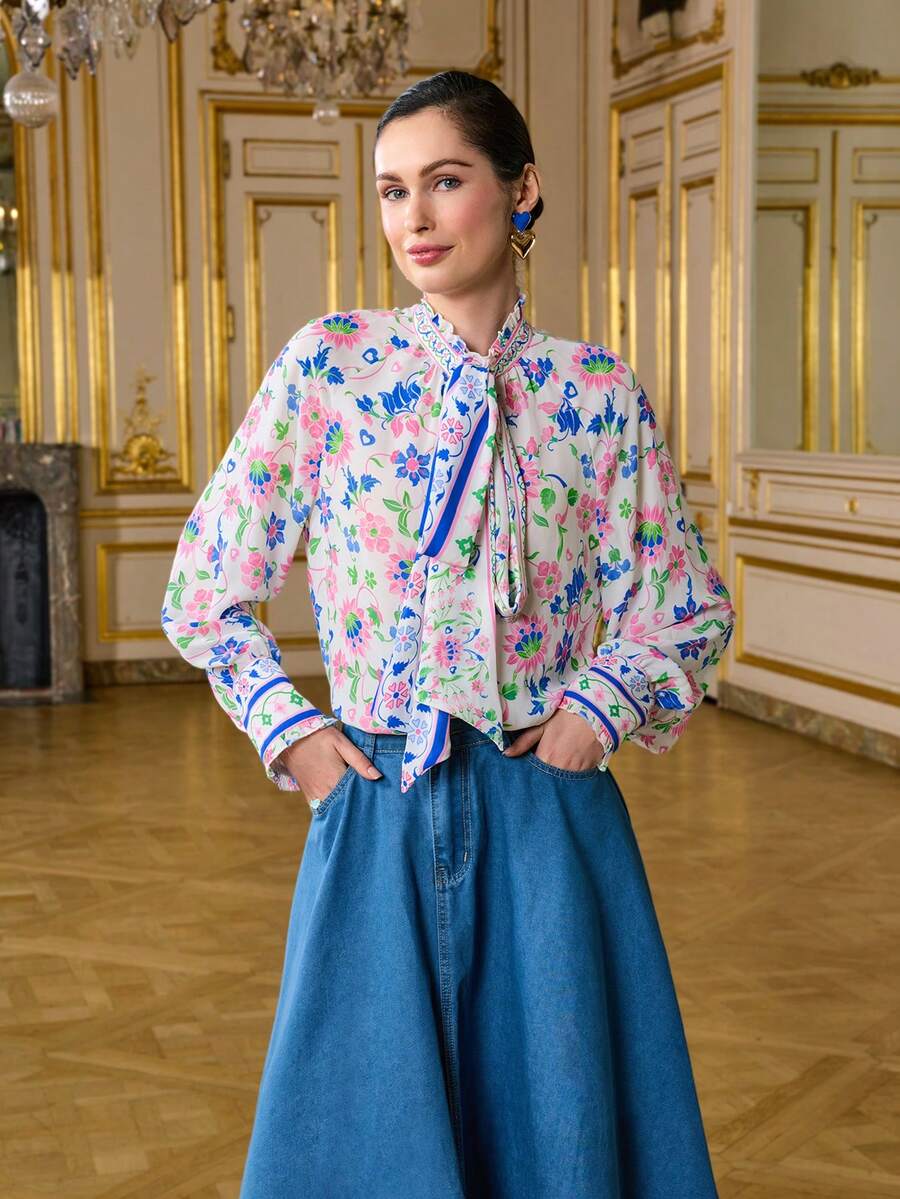 LOTSLUV 女士印度风情印花雪纺半透明长袖系带上衣 - 彩色 - 查看 1