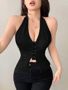 SHEIN ICON Áo quây denim không tay co giãn gợi cảm dành cho nữ MOD, màu xanh dương, kiểu corset, thích hợp cho bữa trưa, áo mùa hè dễ thương, áo corset màu xanh dương. - màu đen - Xem 3