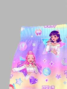 1 Set Young Girls Casual Fashion Cartoon K-POP Girl Group NOVA BEAT Style Outfit, Ombre Pink-Purple Short Sleeve T-Shirt + Printed Leggings, Summer Stylish Casual Wear - Multicolor - View 5