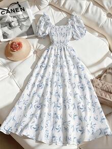 GlowEve Vestido de línea A con cuello con volantes, mangas abultadas y estampado floral diminuto elegante para mujer, primavera/verano - Blanco - Ver 2