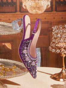 CUCCOO TILAWA Women's Crystal Heel Glass Rhinestone Pointed Toe Purple High Heel Pumps, Suitable For Outings, Banquets, Parties And Other Events - Purple - View 6