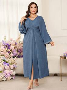 Al Najma Blue V-Neck Bat Wing Tie Waist Flattering Dress - Blue - View 8