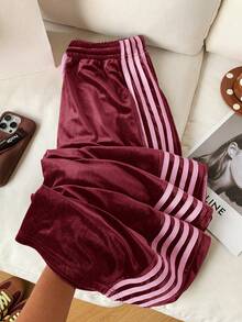 Comfortcana Plus Size Solid Color Velvet Comfortable Contrast Side Stripe Casual Pants, Suitable For Spring And Autumn - Burgundy - View 5