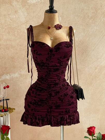 Soleia New Vacation Cowl Neck Ruffle Tie Strap Mini Dress, Bohemian, Boho, Romantic Floral, Vacation, Floral For Party, Date, Valentine's Day, Easter, Carnival, Afternoon Tea, Beach, Cruise, City Street Holiday , Red Dresses,Spring Outfit Women ,Valentines Day Outfit ,Valentine Dress