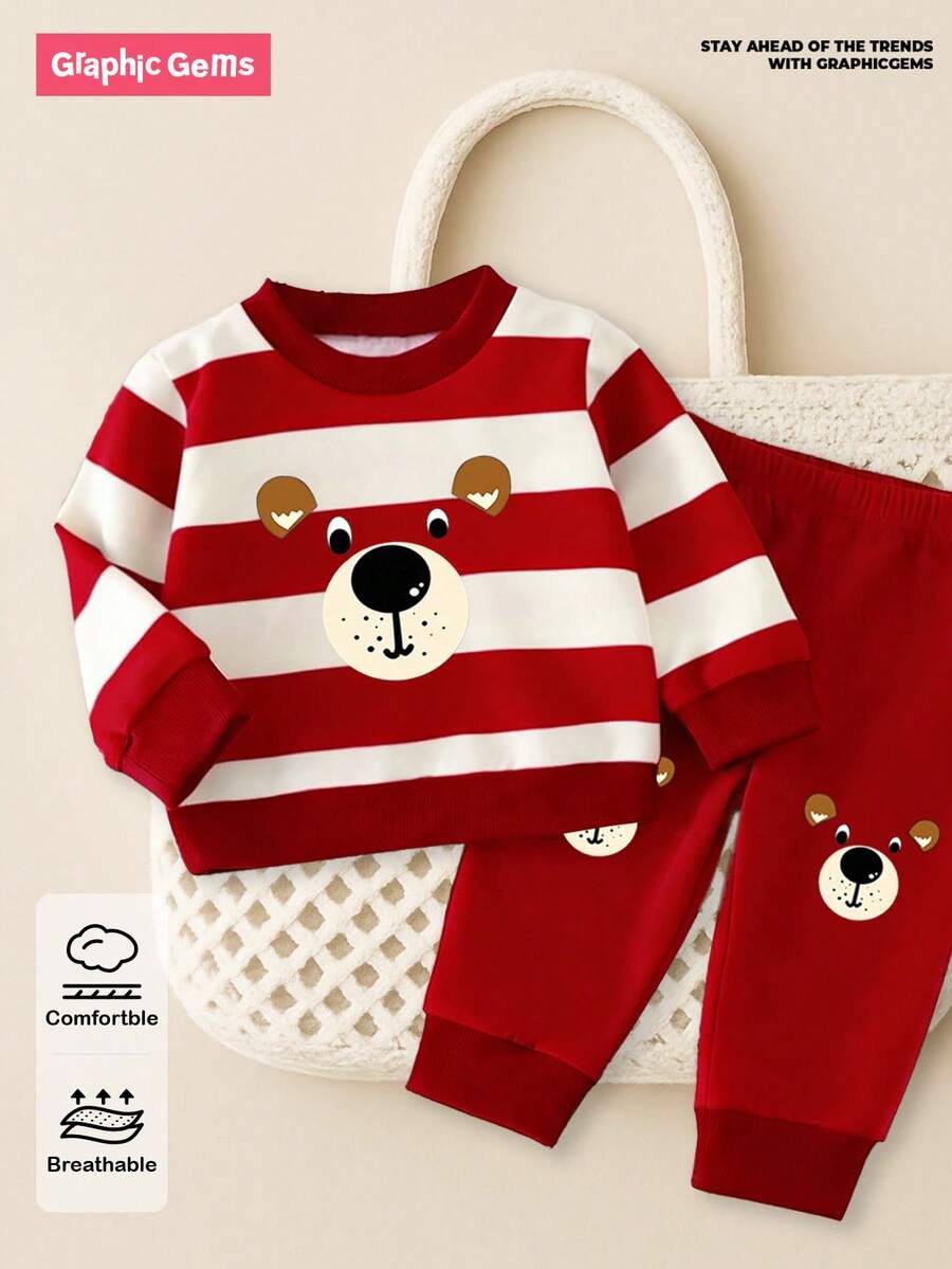 SHEIN GraphicGems Bộ 2 món đồ mặc nhà thời trang cho bé trai, gồm áo nỉ in hình gấu kẻ sọc và quần nỉ cùng màu, thoải mái và phù hợp cho mùa thu/đông/xuân. - Màu Đỏ Sâu - Xem 1