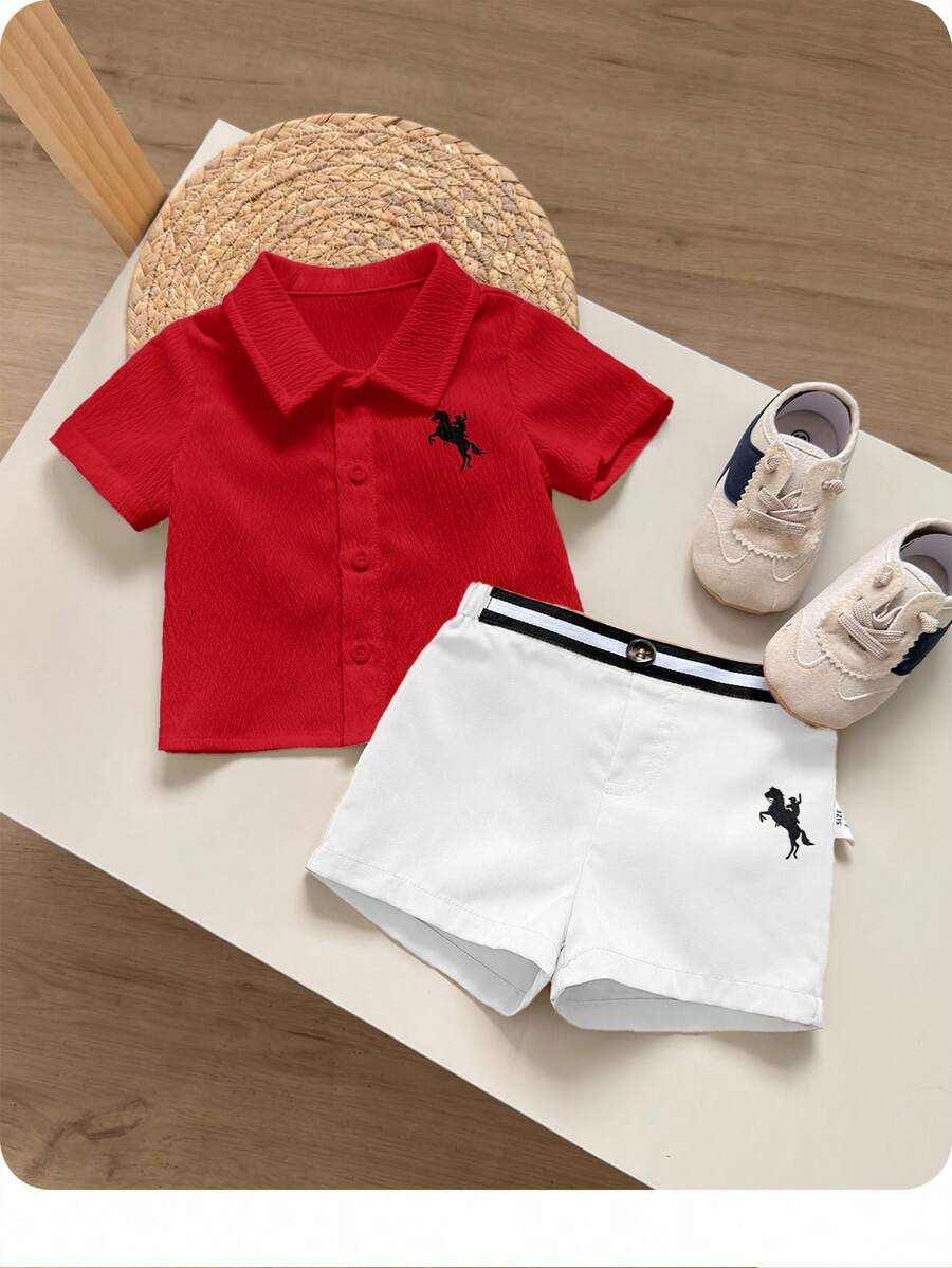 Newborn Baby Boy/Girl Cute Summer Casual Versatile White Short Sleeve Shirt With Elastic Waist Khaki Belt Shorts Set Baby Boy Summer Baby Boys Sets - Multicolor - View 1