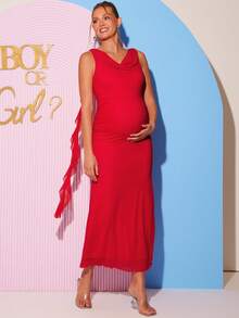 Loomaby Elegant Maternity Flounce Neck Tie Waist Party Dress, Summer,Gender Reveal Dress,Maternity Dress, Baby Shower Dress - Burgundy - View 6