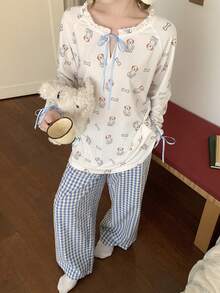 DAZY Happy Dog Allover Print Collar Top & Plaid Pajama Pants Women Sleepwear Set - White - View 4