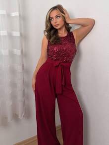 Jeta Ari French Elegant Holiday Jumpsuit, Sheer Sequin Patchwork, Back Zipper Closure; Waist Fabric Belt, Puff Sleeve Ruched Design, Wide Leg Pants - Burgundy - View 6