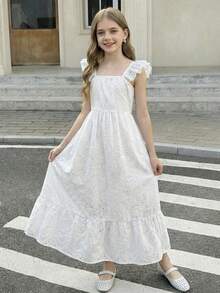 SHEIN 少女白色刺绣优雅短袖连衣裙 - 白色 - 查看 7