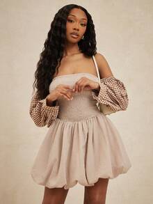 NYA SZN Dress Off The Shoulder Long Sleeve Smocked Bubble Hem Fitted Cinch Brown Gingham Valentine's Day Easter St. Patrick's Day Spring Outfits For Women - Multicolor - View 3