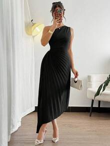 Modelyn Đầm midi dáng suông tối giản màu trơn dành cho nữ - màu đen - Xem 6