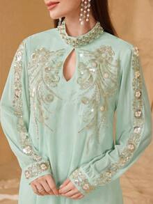 SHEIN Najma 优雅蕾丝边饰串珠装饰女式连衣裙 - 薄荷綠 - 查看 2