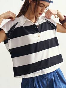 Bohemela 休闲针织黑白宽条纹半开襟领短袖宽松女式T恤 度假女装 夏季假期女装 春夏海滩女装 嘉年华服装 - 彩色 - 查看 5