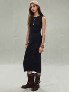 SoleilVie Women's Round Neck Backless Slit Hem Elegant Dress - Black - View 6