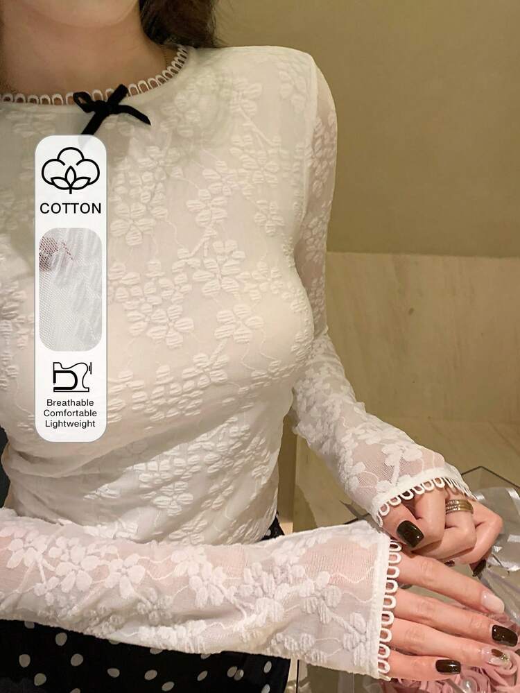 Women's Lace Patchwork Floral Textured Slim Fit Long Sleeve Casual Elegant T-Shirt