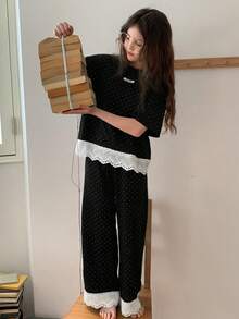 Dazy Kids Tween Girl Polka Dot Print Contrast Schiffy Hem Short Sleeve Top And Wide Leg Pants Pajama Set, Spring/Summer/Autumn - Black - View 1
