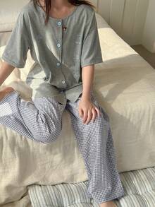 Dazy Kids 少女卡通印花圆领单排扣中袖上衣和格子阔腿裤休闲家居服睡衣套装 - 灰色 - 查看 1