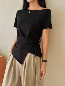 DAZY 女士夏季不对称肩部系带短袖休闲T恤 - 黑色 - 查看 5