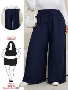 SHEIN CURVE+ 大码女式黑色口袋抽绳腰带休闲宽松阔腿裤碎花裤，女式秋季服装 - 藏蓝色 - 查看 1