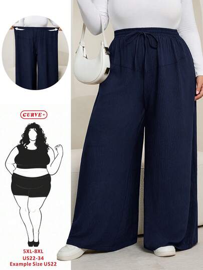 SHEIN CURVE+ Plus Size Women's Black Pocket Drawstring Waistband Casual Loose Wide Leg Pants Floral Pants, Women's Autumn Clothing