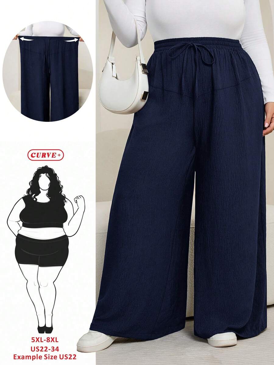SHEIN CURVE+ 大码女式黑色口袋抽绳腰带休闲宽松阔腿裤碎花裤，女式秋季服装 - 藏蓝色 - 查看 1