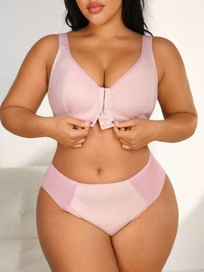 NudeFit 2pcs Plus Size Solid Color Bra And Panty Set