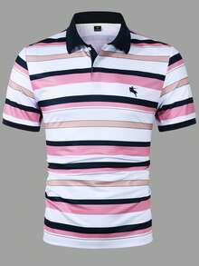 Calvornis 男士藍白條紋 Polo 衫，短袖夏季高爾夫球衫，休閒拼色老錢風 Polo 衫，戶外派對度假生日禮物，正式，儀式 - 粉色 - 查看 4