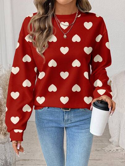 SHEIN LUNE Casual Retro Elegant Commute Versatile Warm Valentine's Day Couple Outfit Red & White Small Heart Print Pattern, Comfortable Loose Fit Crew Neck Long Sleeve Sweatshirt For Women, Suitable For Autumn/Winter