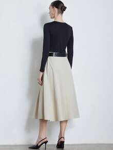 Ciel Poise Color Block Button Decor PU Ring Waist Long Dress - Multicolor - View 4