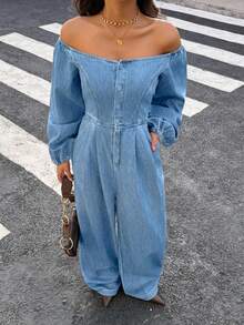 Siren Gaze Women's Fashion Casual Denim Off Shoulder Jumpsuit - Medium Wash - View 4