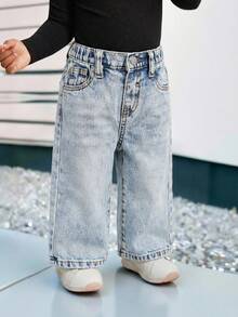SHEIN Quần jean ống đứng dáng rộng màu xanh cổ điển cho bé gái - Rửa nhẹ - Xem 5