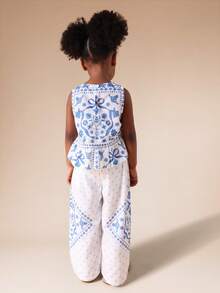 SUMWON Girls Peplum Tank Top Wide Leg Palazzo Pants Co-Ord Set Folk Print Summer Outfit Festive Occasionwear - Blue and White - View 2