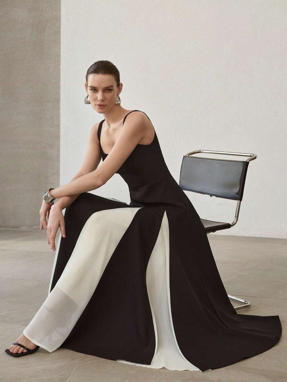colour block evening dresses Women's French Style Black & White Color Block Slip Dress, Vacation & Evening Gown