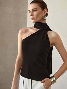 MOTF PREMIUM ASYMMETRICAL HALTER NECK SLEEVELESS KNIT TOP - Black - View 4