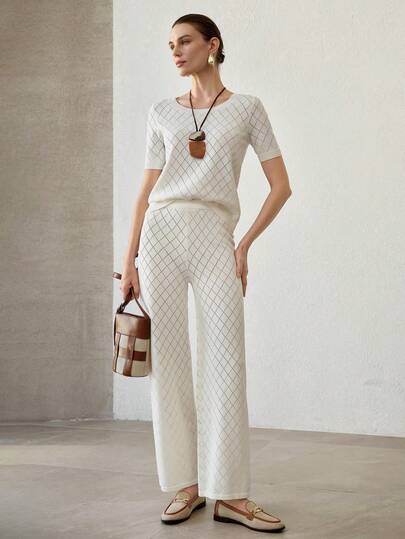 MOTF PREMIUM 纯色镂空菱形纹理短袖针织上衣和毛衣裤套装