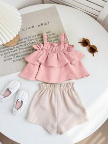 Babygirl Cute Summer Vacation Ruffle Strap Top And Shorts Set - Multicolor - View 2