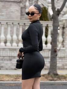 Melissa Matos 女士立领长袖修身休闲短裙、性感黑色连衣裙、黑色连衣裙、长款黑色连衣裙、女士约会夜装 - 黑色 - 查看 3