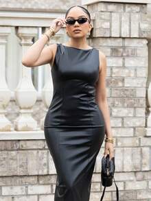 Melissa Matos 女式无袖 PU 皮革长款紧身连衣裙 - 黑色 - 查看 4