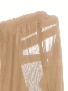 少女优雅修身杏色网纱拼接不对称斜肩喇叭袖褶皱连衣裙，适合女孩参加派对、圣诞节、新年、舞会等场合。 - 杏色 - 查看 9